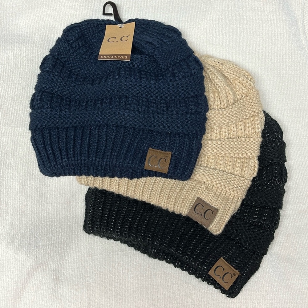Brand new C.C cable knit beanies - set of three: blue, tan, and black, one size